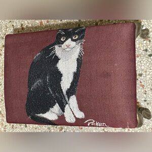 Cat tapestry footstool with metal legs by Linda Picken